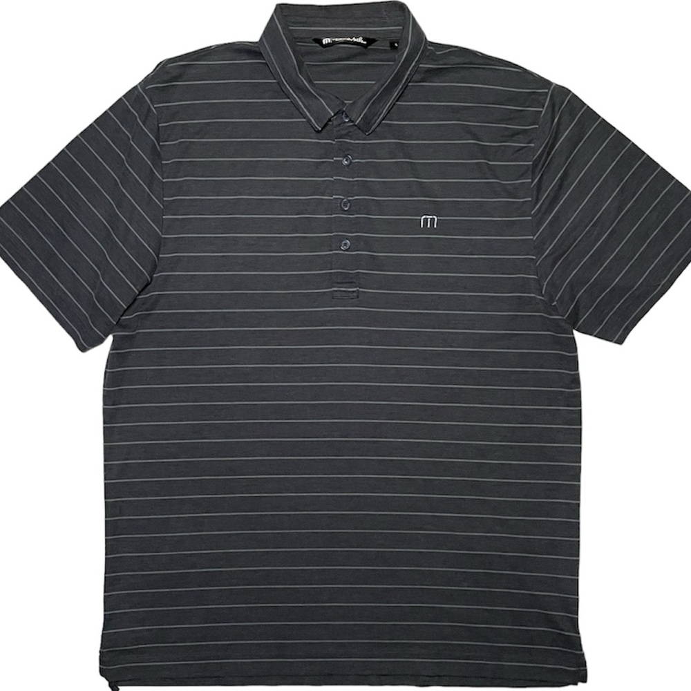 TRAVIS MATHEW Mens Large Polo Shirt Short Sleeve Gray Striped Embroidered Logo